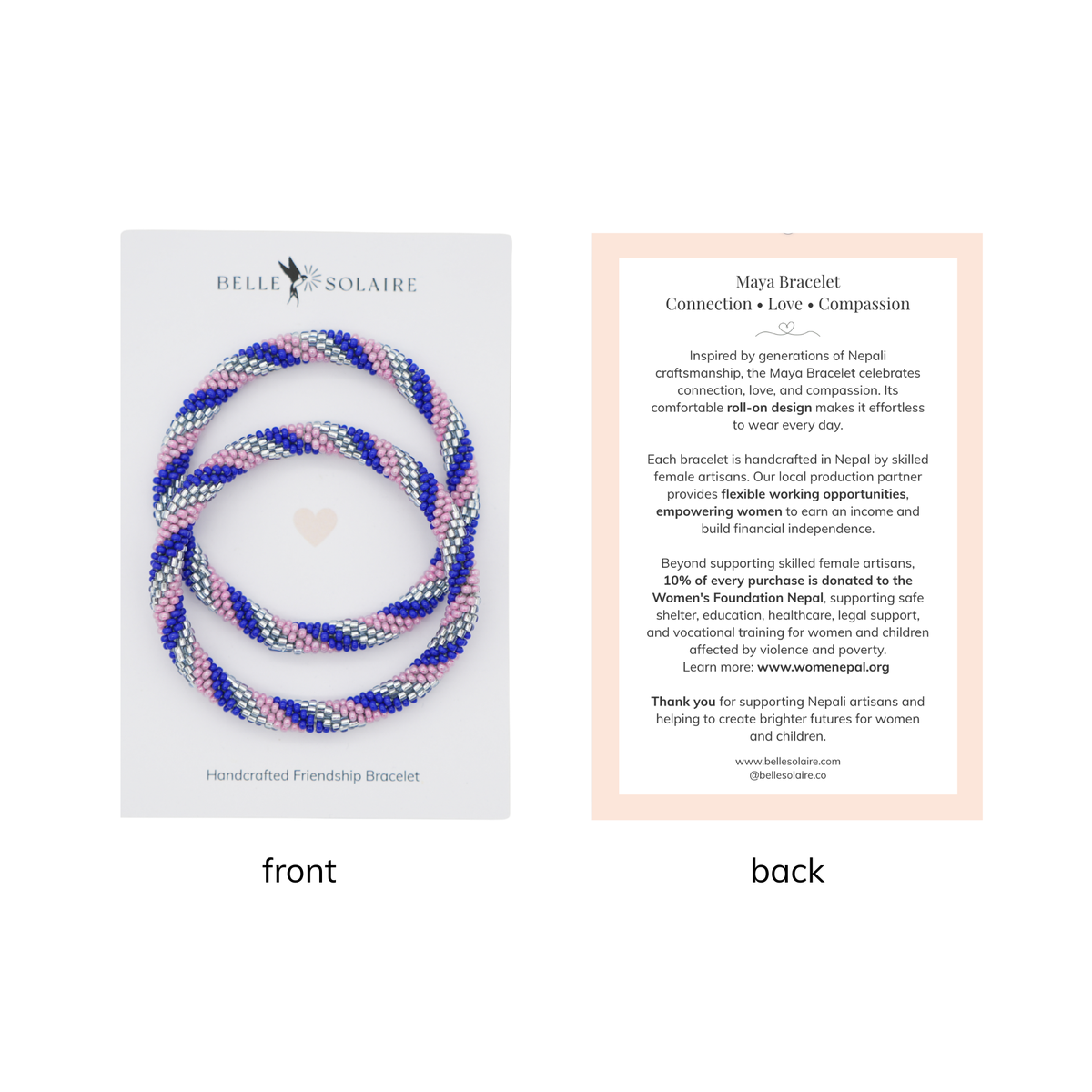 Front and back view of Belle Solaire friendship bracelets displayed on a product card. The front features two handcrafted glass-bead bracelets with the Belle Solaire logo and the text “Handcrafted Friendship Bracelet.” The back includes the product story and information about the 10% donation to Women’s Foundation Nepal.