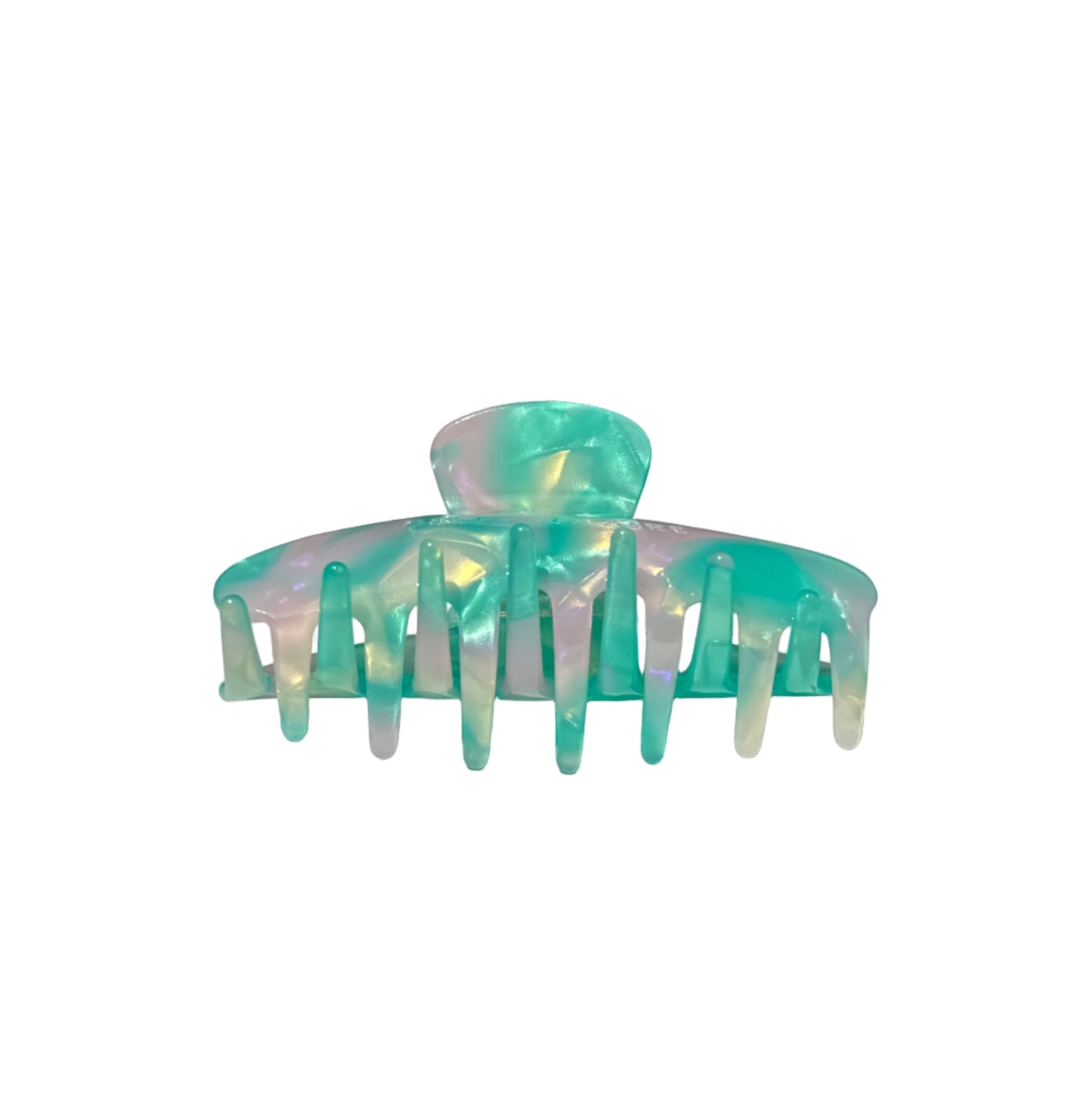 Aqua Amethyst hair claw clip showing interlocking claws.