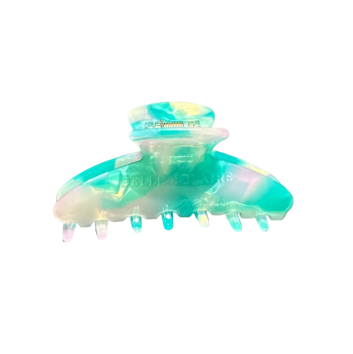 Hair claw clip made from plant-based cellulose acetate frontal view. Color: aqua amethyst