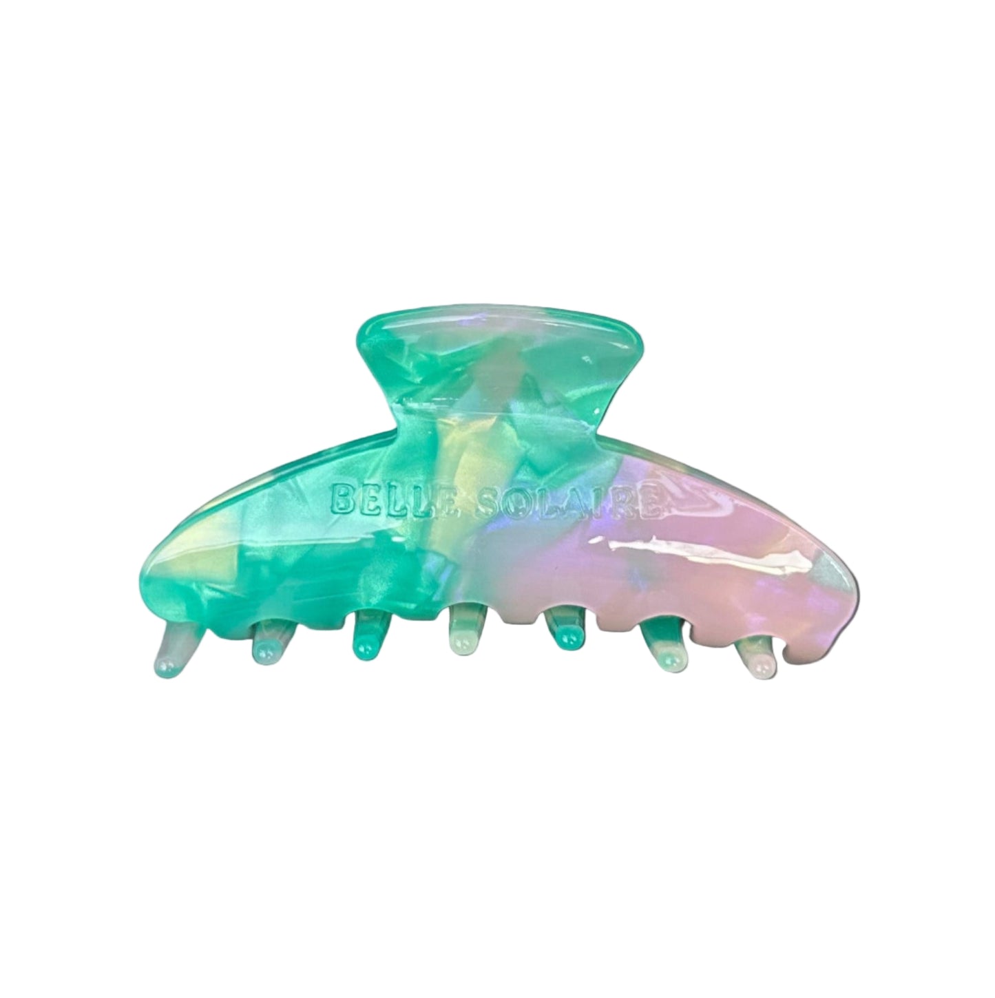 Hair claw clip made from plant-based cellulose acetate frontal view. Color: aqua amethyst
