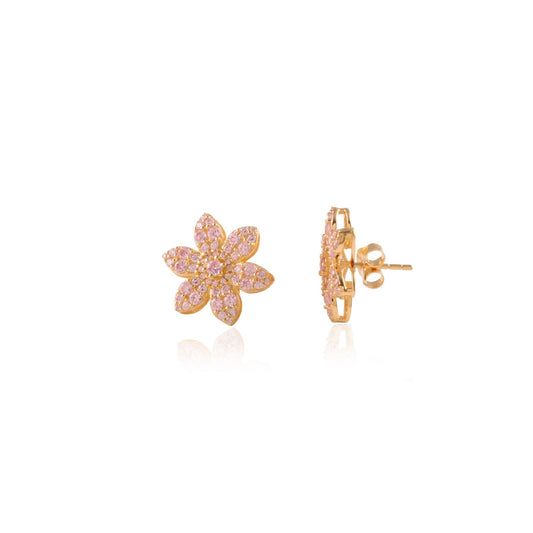 Gold vermeil flower stud earrings with six petals and 55 soft pink Zircon stones each, front and side view on white background