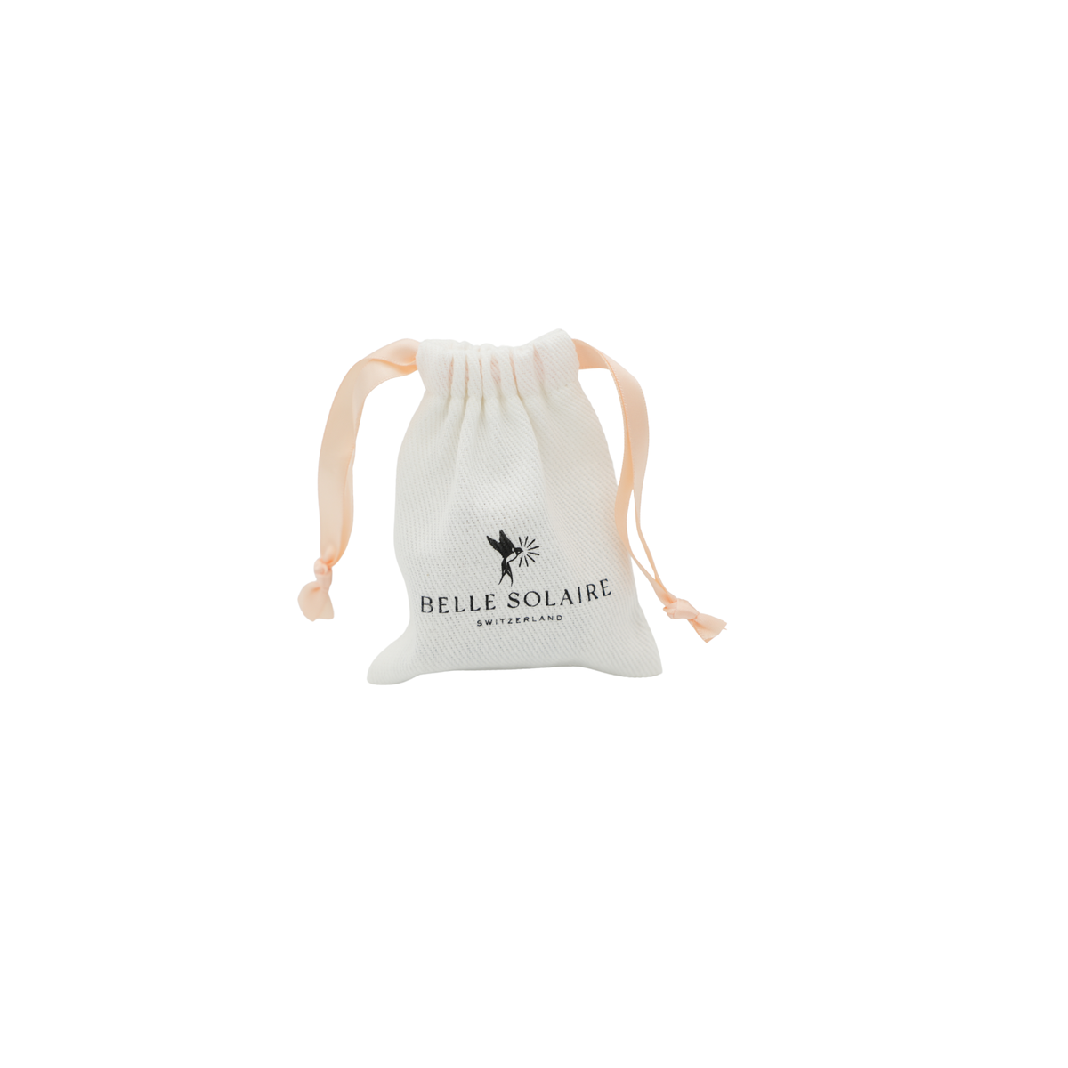 A small white drawstring pouch with a black 'BELLE SOLAIRE SWITZERLAND' logo printed on the front, featuring light pink drawstrings, set against a plain white background.