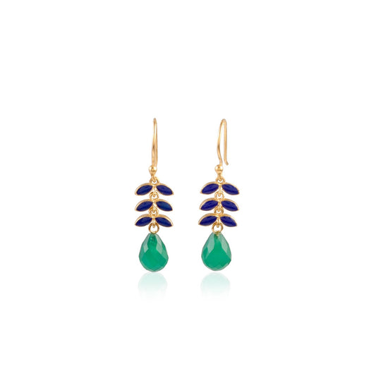 Green Onyx gemstone dangle earrings with enameled leaves in 18k gold vermeil and recycled silver, front view on white background