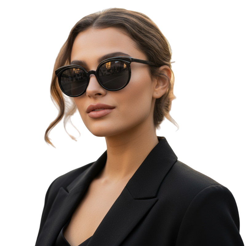 Woman wearing black cat-eye sunglasses paired with a black suit