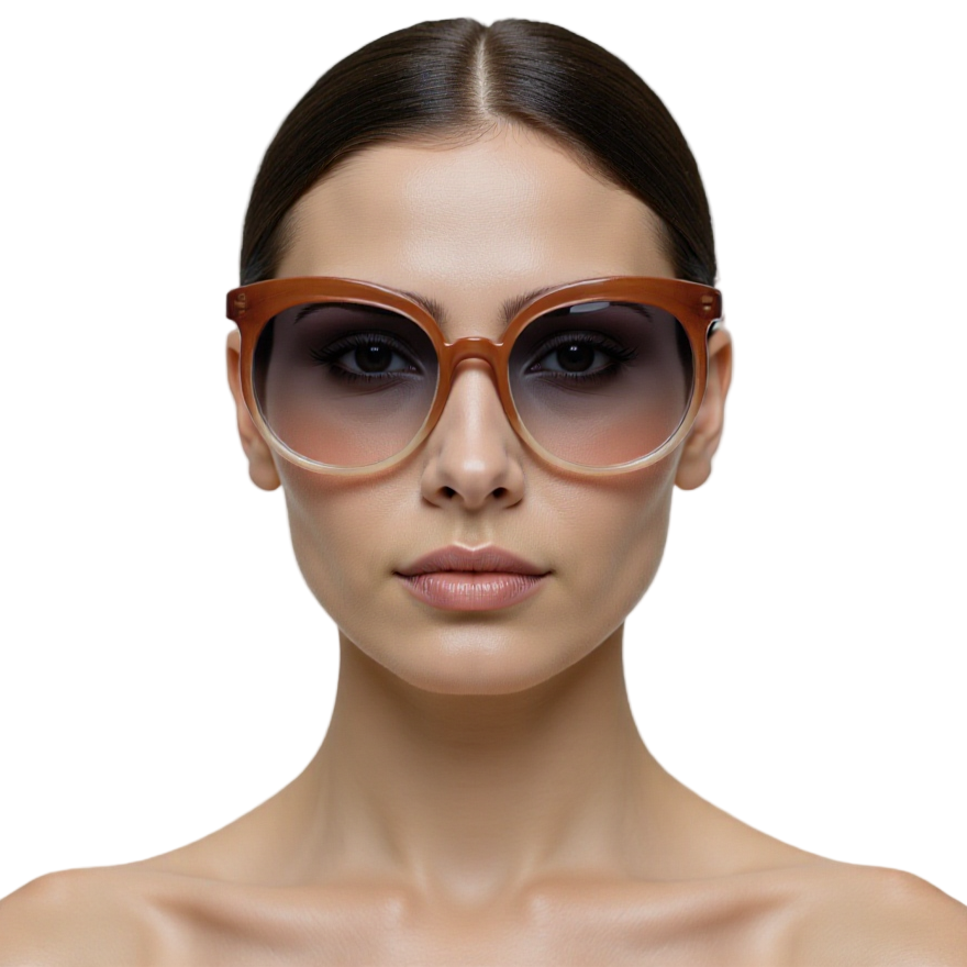 Woman wearing rose-colored cat-eye sunglasses made from Italian acetate