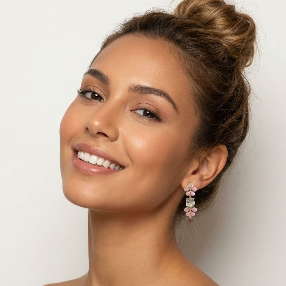 Model wearing Seraphine gold vermeil earrings with enameled leaf design and Prasiolite gemstone.