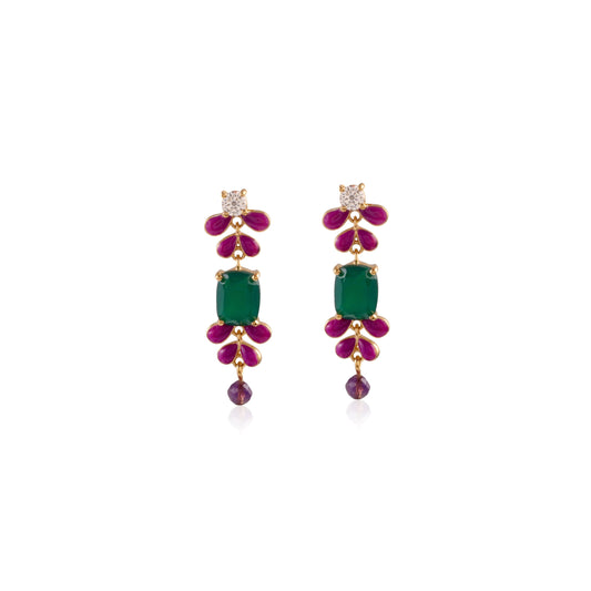 Long gemstone earrings with enameled petals, with green onyx center stone and amethyst bead, front view on white background