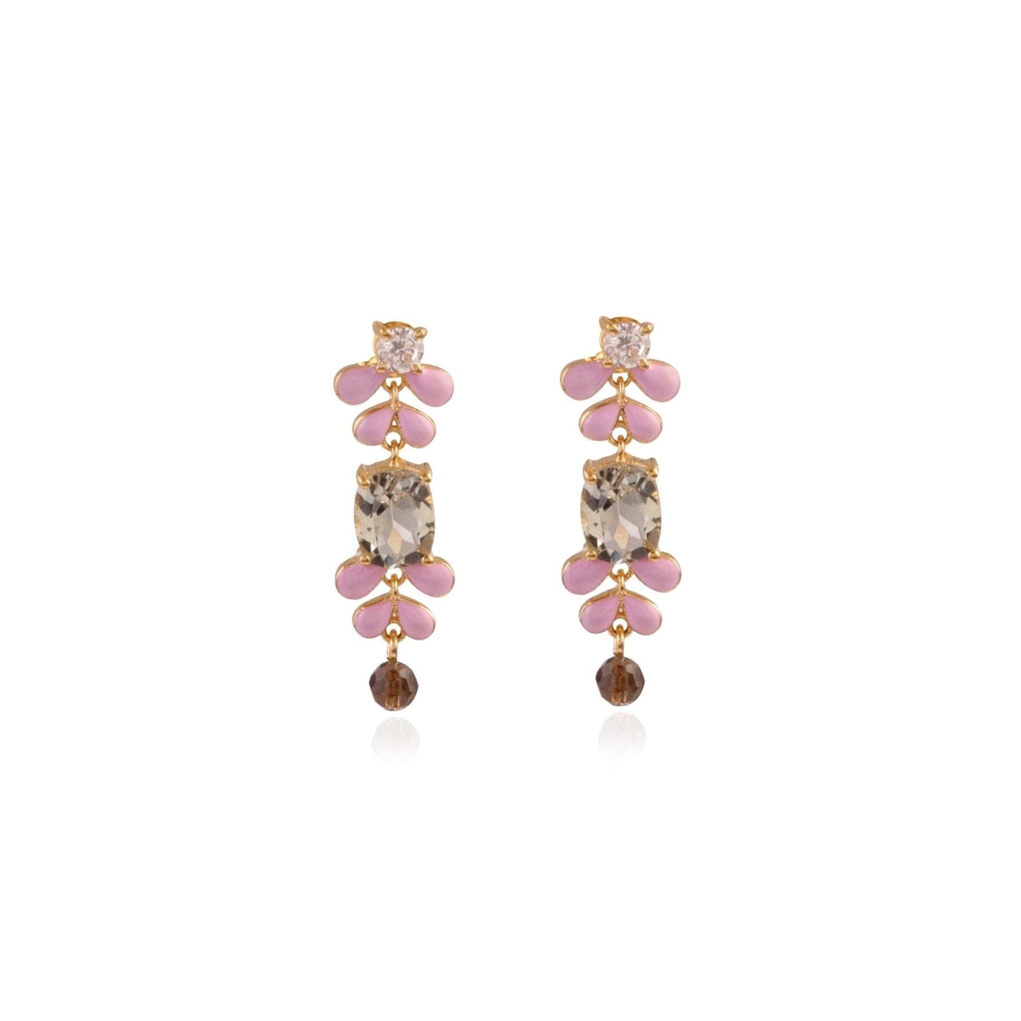 Long gemstone earrings with enameled soft pink petals, with prasiolite center stone and smoky quartz bead, front view on white background