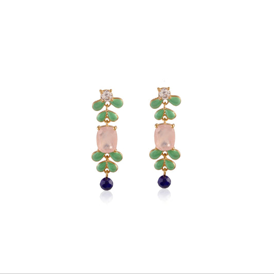 Long gemstone earrings with enameled petals, featuring rose quartz center stone and lapis lazuli bead, front view on white background