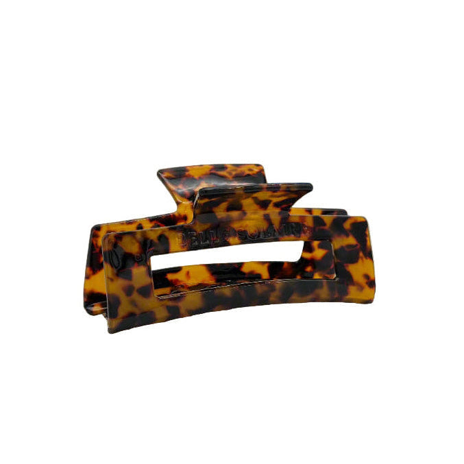 Dark tortoiseshell rectangular hair claw clip made from plant-based cellulose acetate, displayed on white background