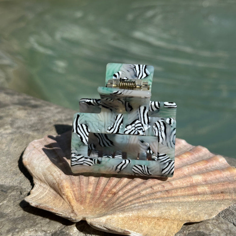 Zebra-patterned hair clip on a shell with a blurred stone and water background.