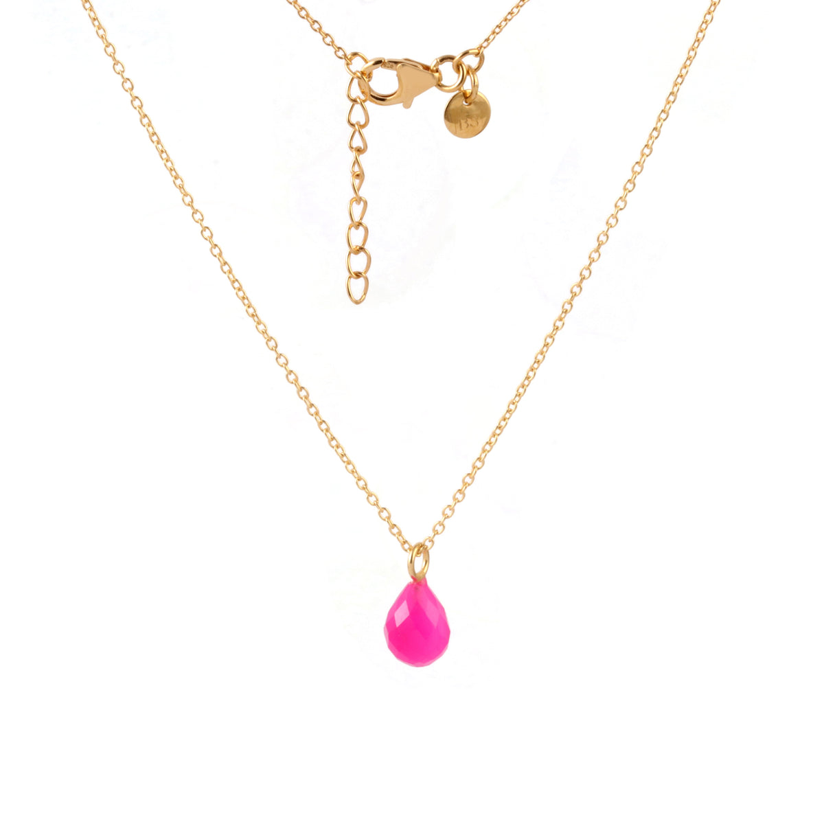 Gold chain necklace with a bright pink teardrop-shaped pendant, shown on a plain white background with a close-up of the clasp and extender chain.