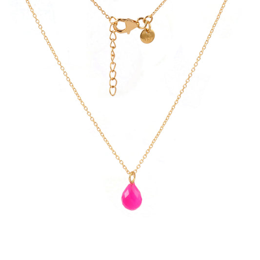Gold chain necklace with a bright pink teardrop-shaped pendant, shown on a plain white background with a close-up of the clasp and extender chain.