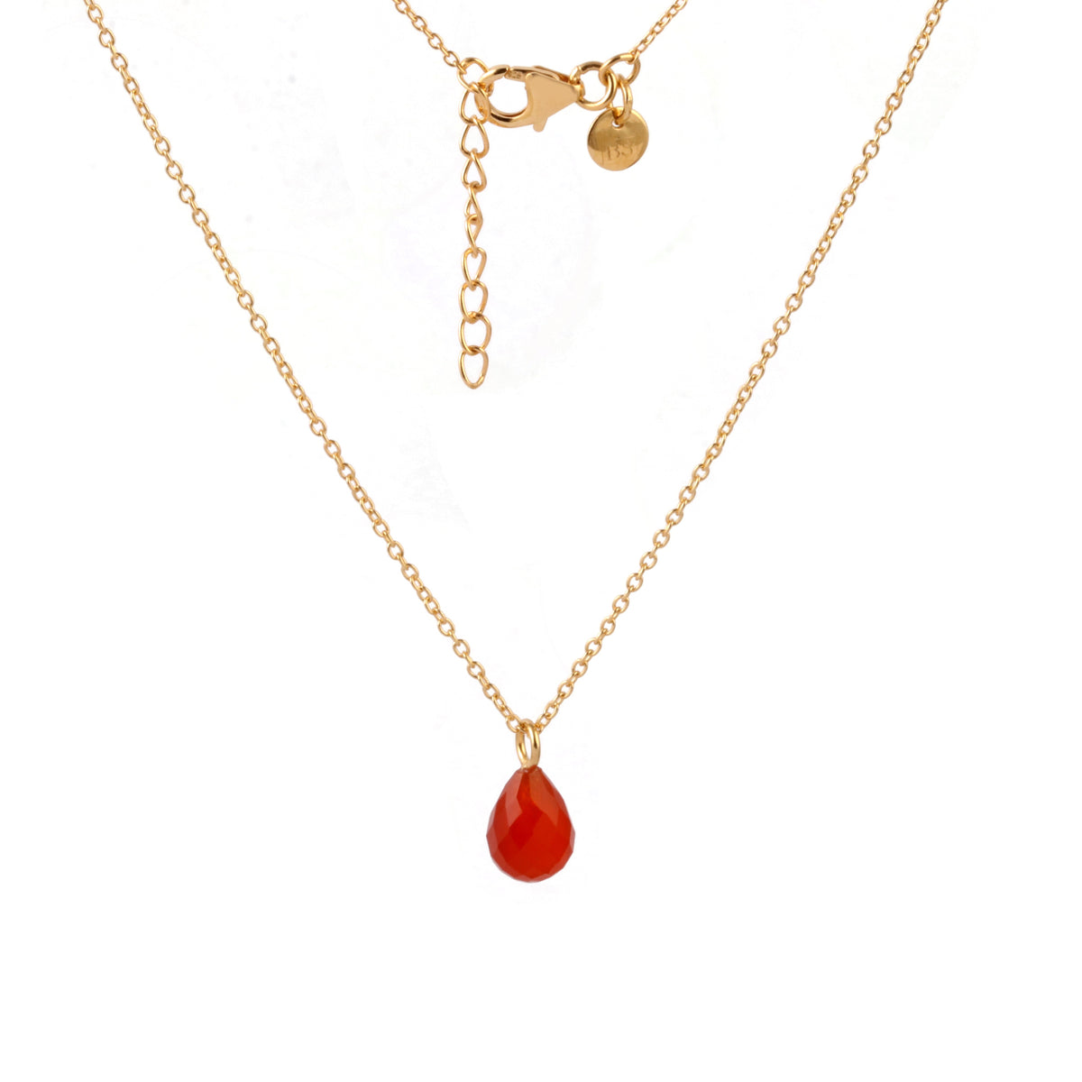 Gold chain necklace with a teardrop-shaped red gemstone pendant, displayed against a solid white background.