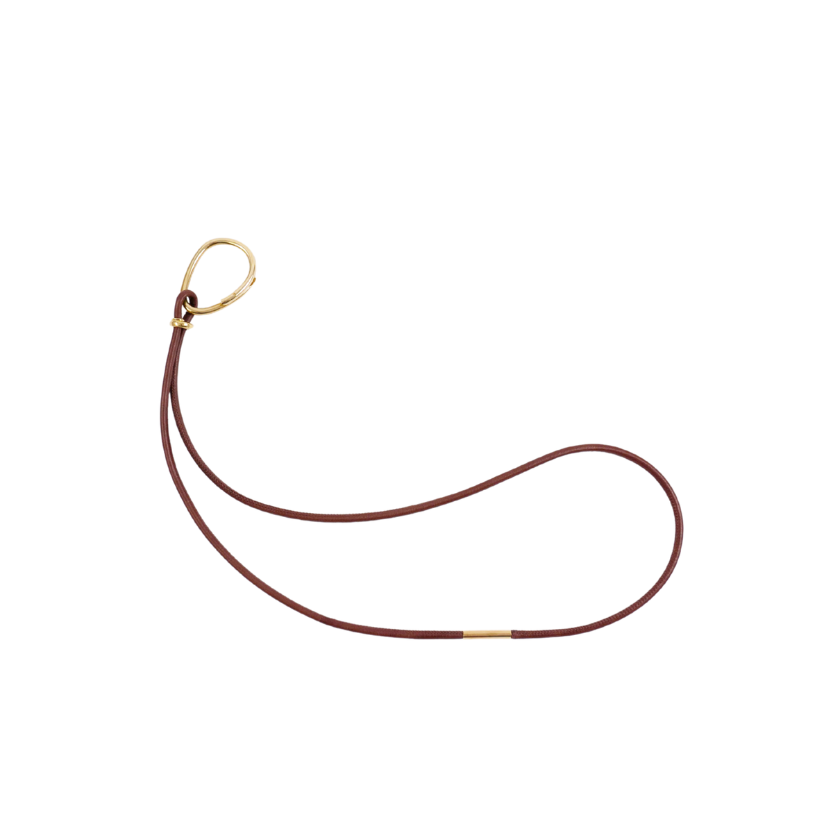 Brown leather lanyard with a messing metal clip on a white background