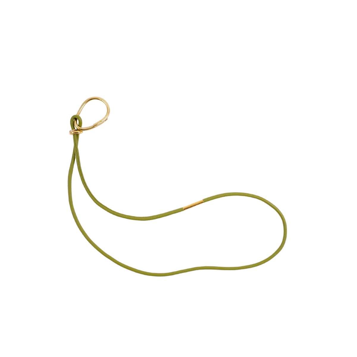 Light green lanyard with a messing oval ring on a white background
