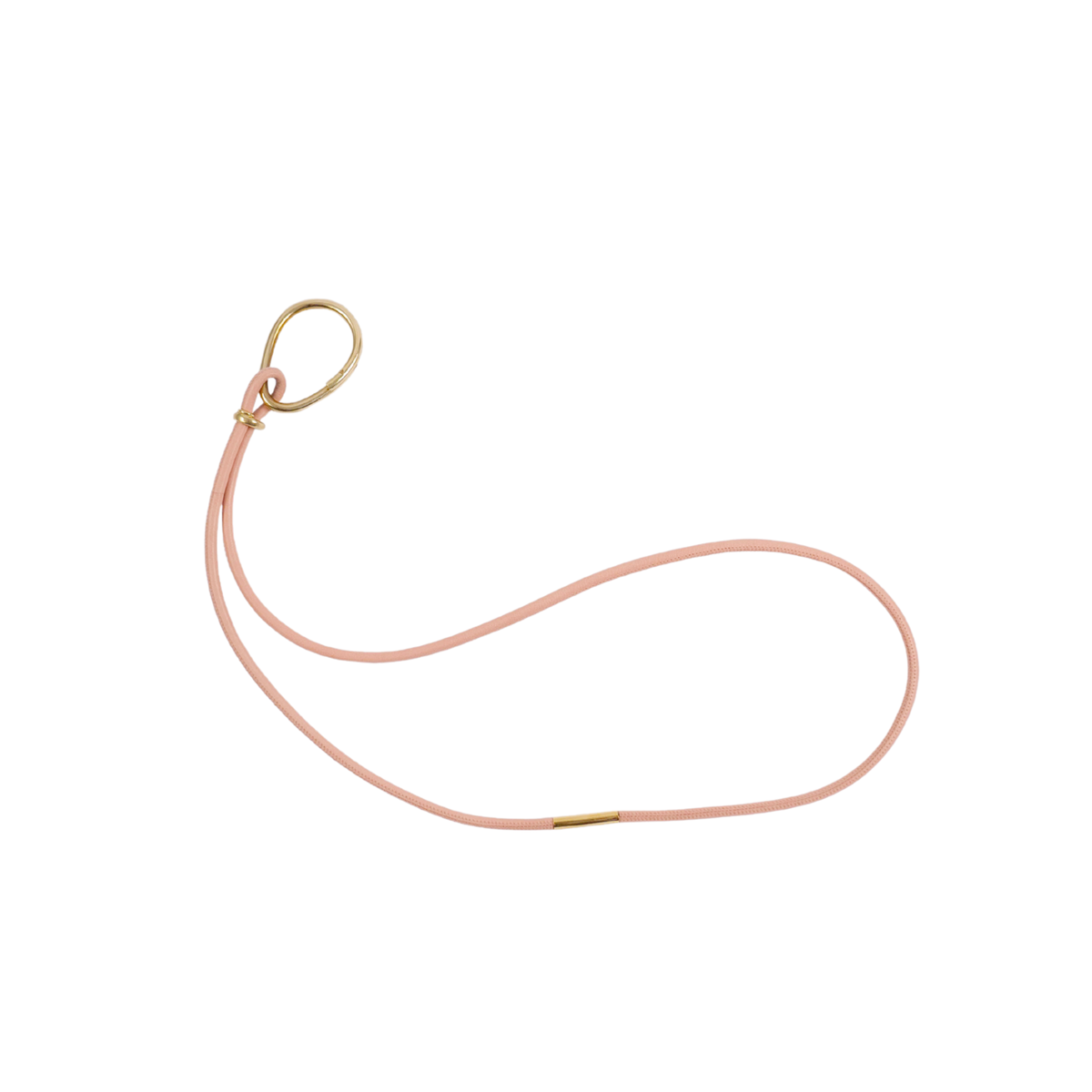 Light pink lanyard or multipurpose leather strap with a oval shaped messing ring on a white background