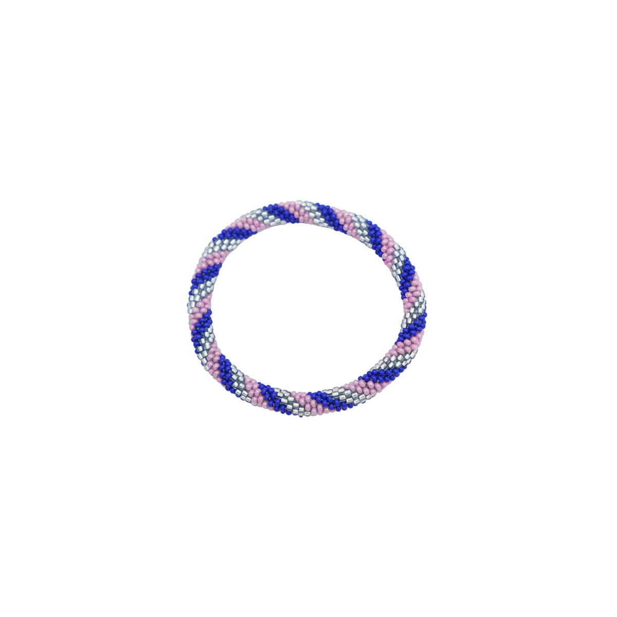 A beaded circular bracelet with a braided pattern of blue, pink, and white beads, centered on a plain white background.