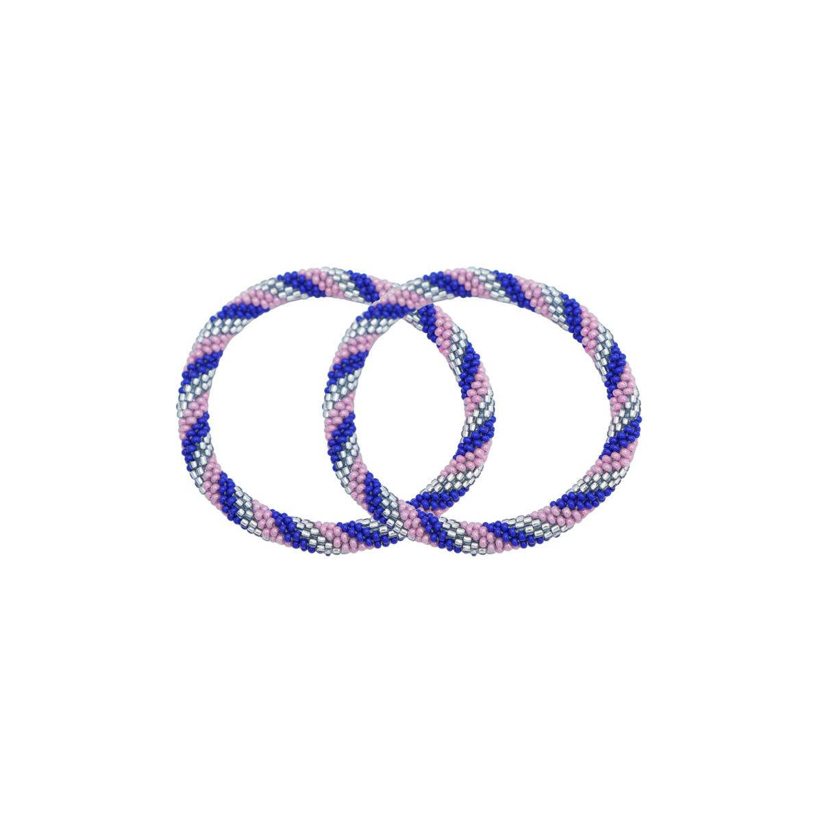 Two glass bead bracelets in a blue, lilac and silver striped pattern on a white background.