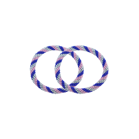 Two glass bead bracelets in a blue, lilac and silver striped pattern on a white background.