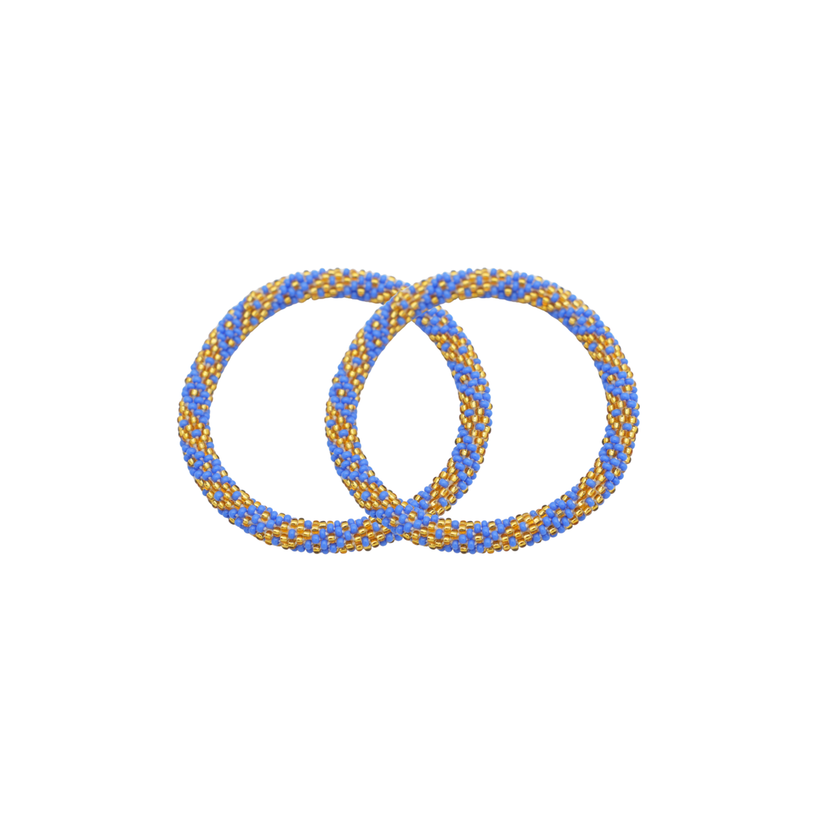 Two interlocking bracelets made of blue and gold glass beads, shown on a plain white background.
