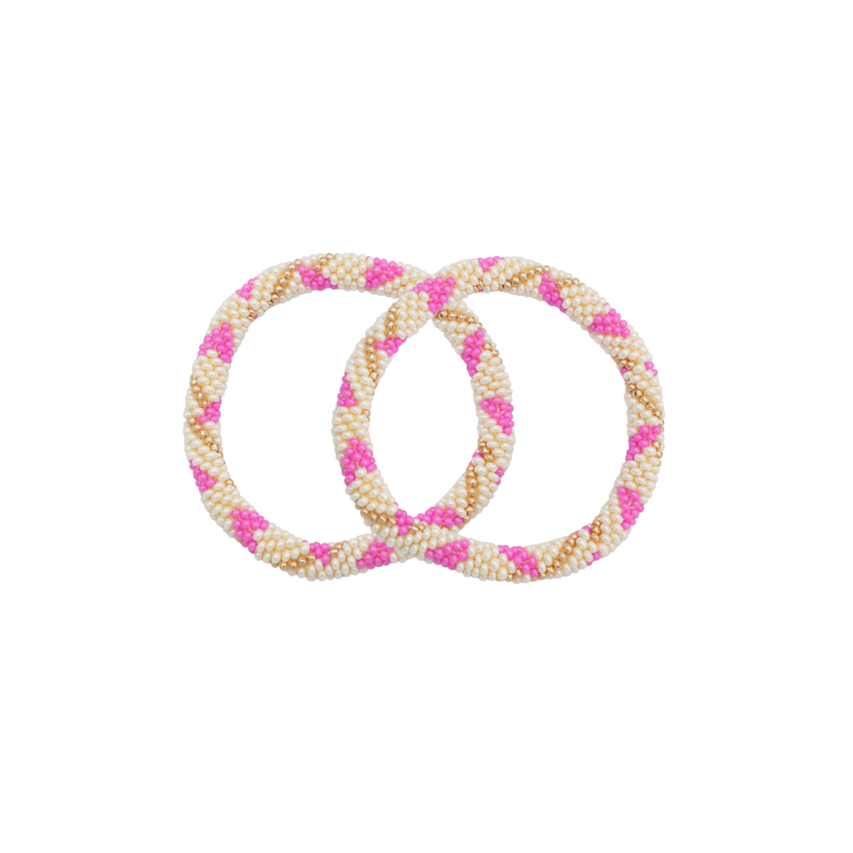 Two interlocking braided glass bracelets with a repeating pattern of white, pink, and gold beads, shown on a plain white background.