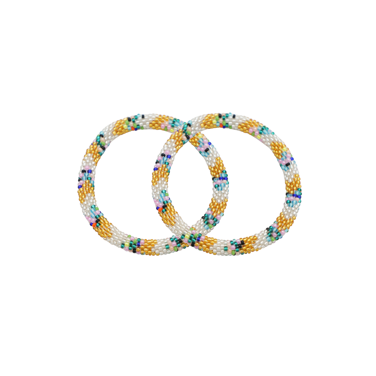 Two interlocking glass beaded bracelets with a multicolor pattern of white, yellow, green, blue, and purple beads on a plain white background.