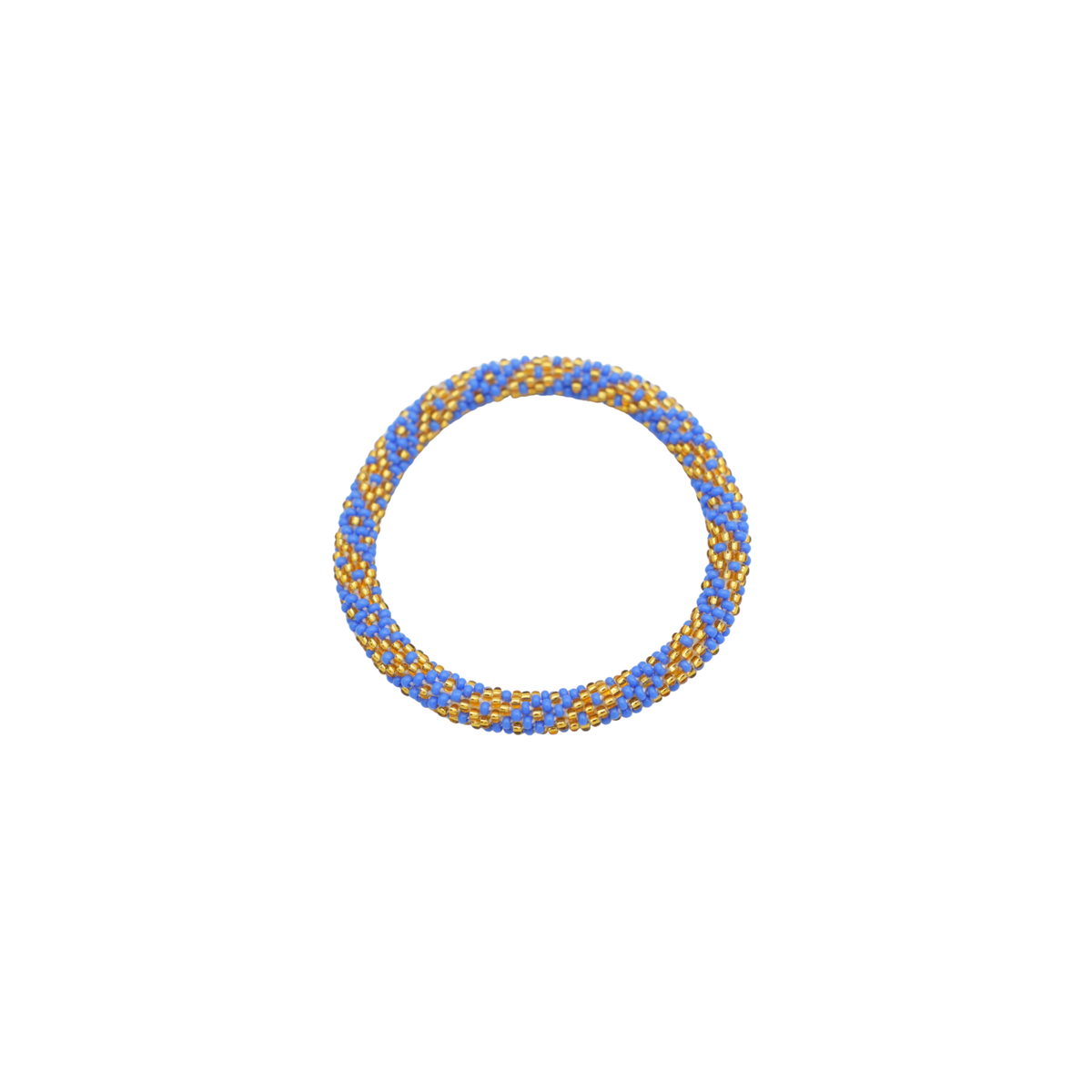 A beaded glass bracelet featuring a woven pattern of blue and gold beads, centered on a plain white background.