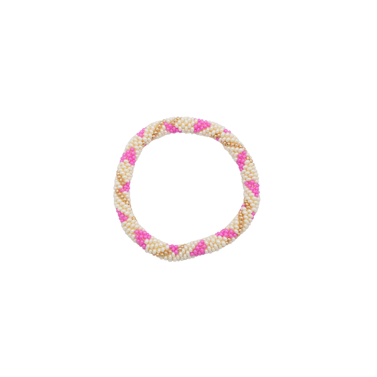 A beaded roll on bracelet with a repeating pattern of pink and cream beads, shown against a plain white background.