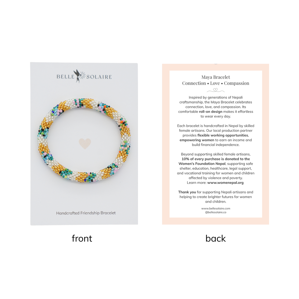 Front and back views of a Bella Solaire Maya Bracelet. The front shows the bracelet wrapped in multicolor braided cord with a small light pink heart.