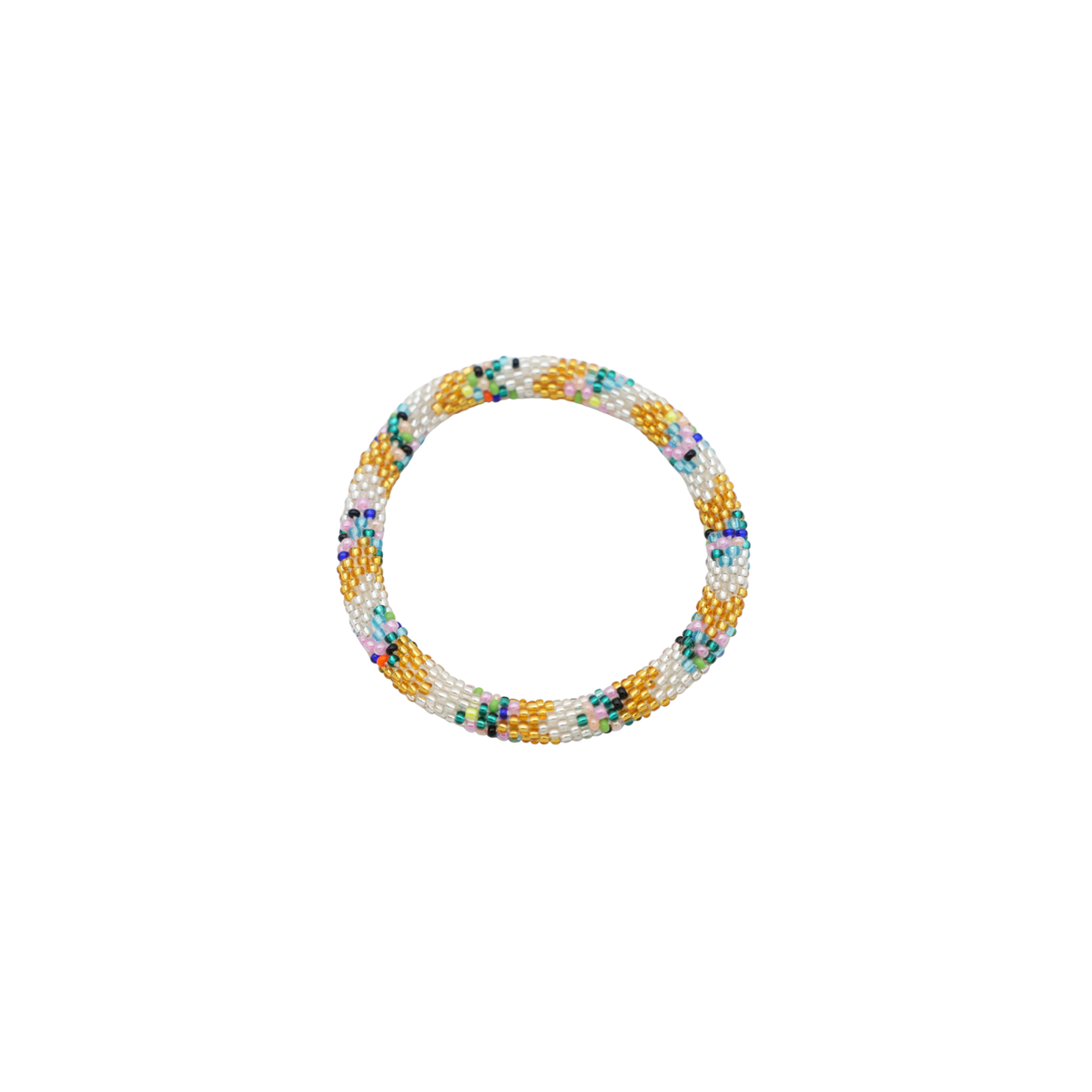 A beaded circular bracelet with a pattern of white, yellow, green, and purple beads, isolated on a solid white background.