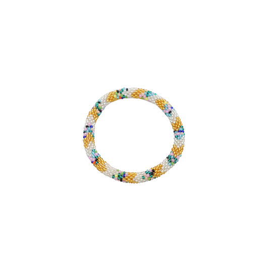 A beaded circular bracelet with a pattern of white, yellow, green, and purple beads, isolated on a solid white background.