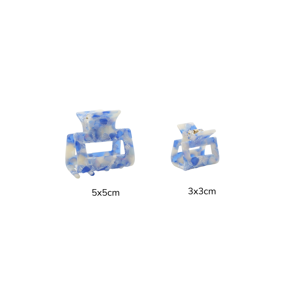 Two square-shaped hair claw clips in a blue and white marbled resin finish, shown on a plain white background with size labels indicating 5x5cm and 3x3cm.