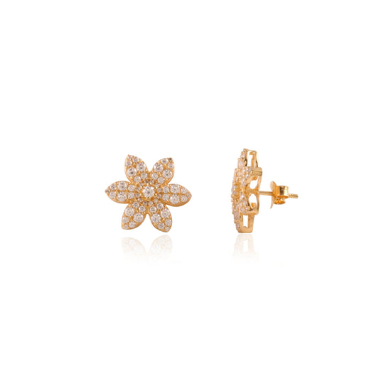 Gold vermeil flower stud earrings with six petals and 55 White Zircon stones each, front and side view on white background