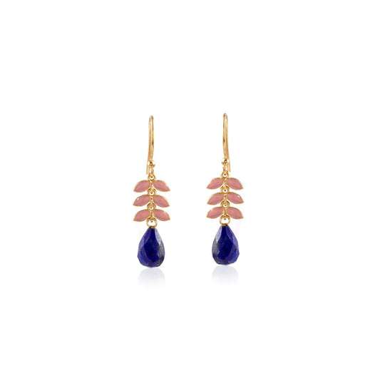 Lapis Lazuli gemstone dangle earrings with enameled leaves in 18k gold vermeil and recycled silver, front view on white background