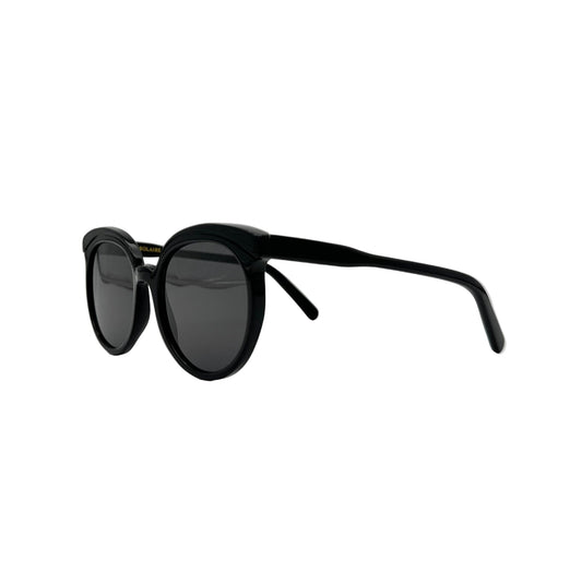 Black cat-eye sunglasses made from Italian acetate, side view on white background