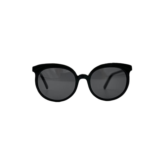 Round black cat-eye sunglasses made from Italian acetate, front view on white background