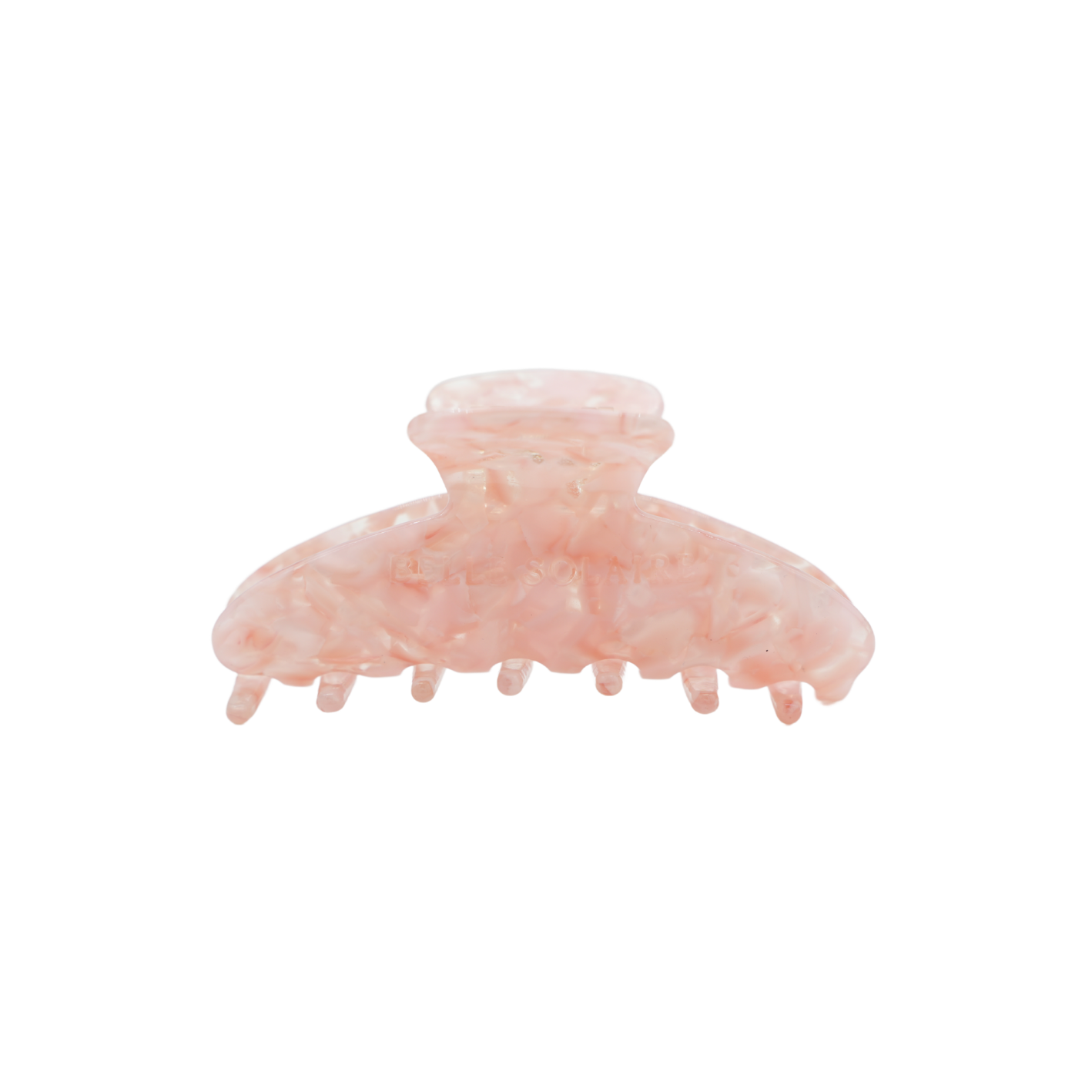 Romina hair claw clip with rose shavings in transparent cellulose acetate, front view on a white background.