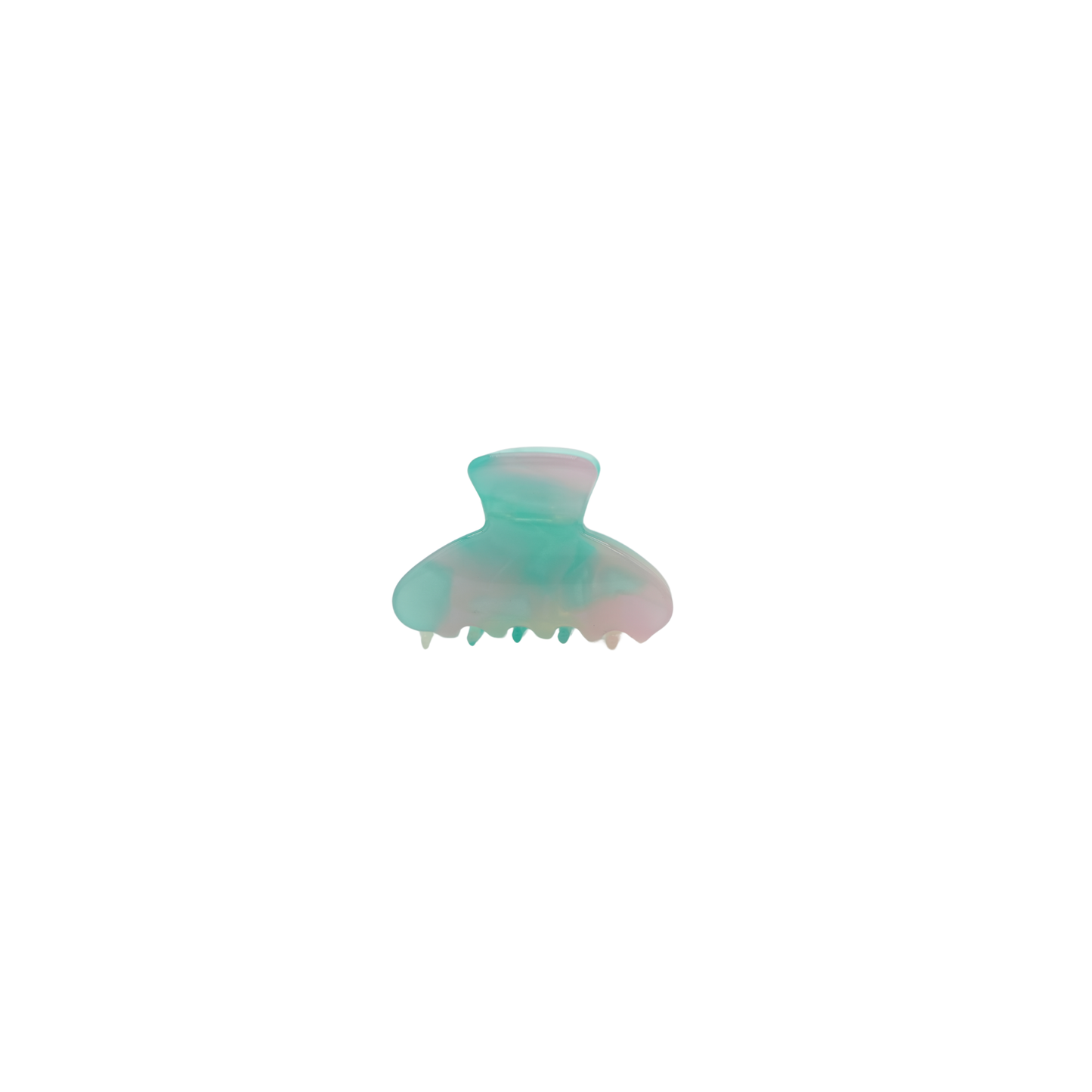 A small translucent hair claw clip with a marbled mint green and lavender coloration, shown against a plain white background.