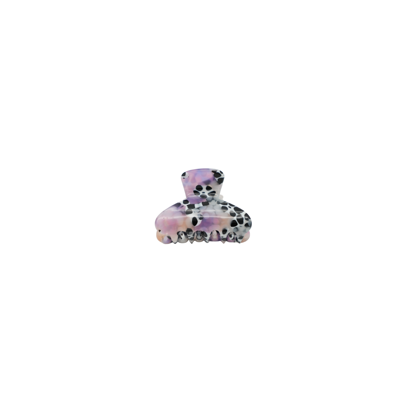 A small hair claw clip with a glossy pattern of black spots on a white base, accented with iridescent lavender and pink shimmer, shown against a plain white background.