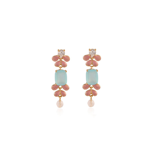 Long gemstone earrings with enameled petals, showing aqua chalcedony center stone and rose quartz bead, front view on white background