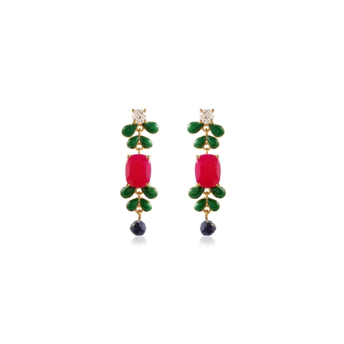 Long gemstone earrings with enameled dark green petals, with hot pink chalcedony center stone and lapis lazuli bead, front view on white background