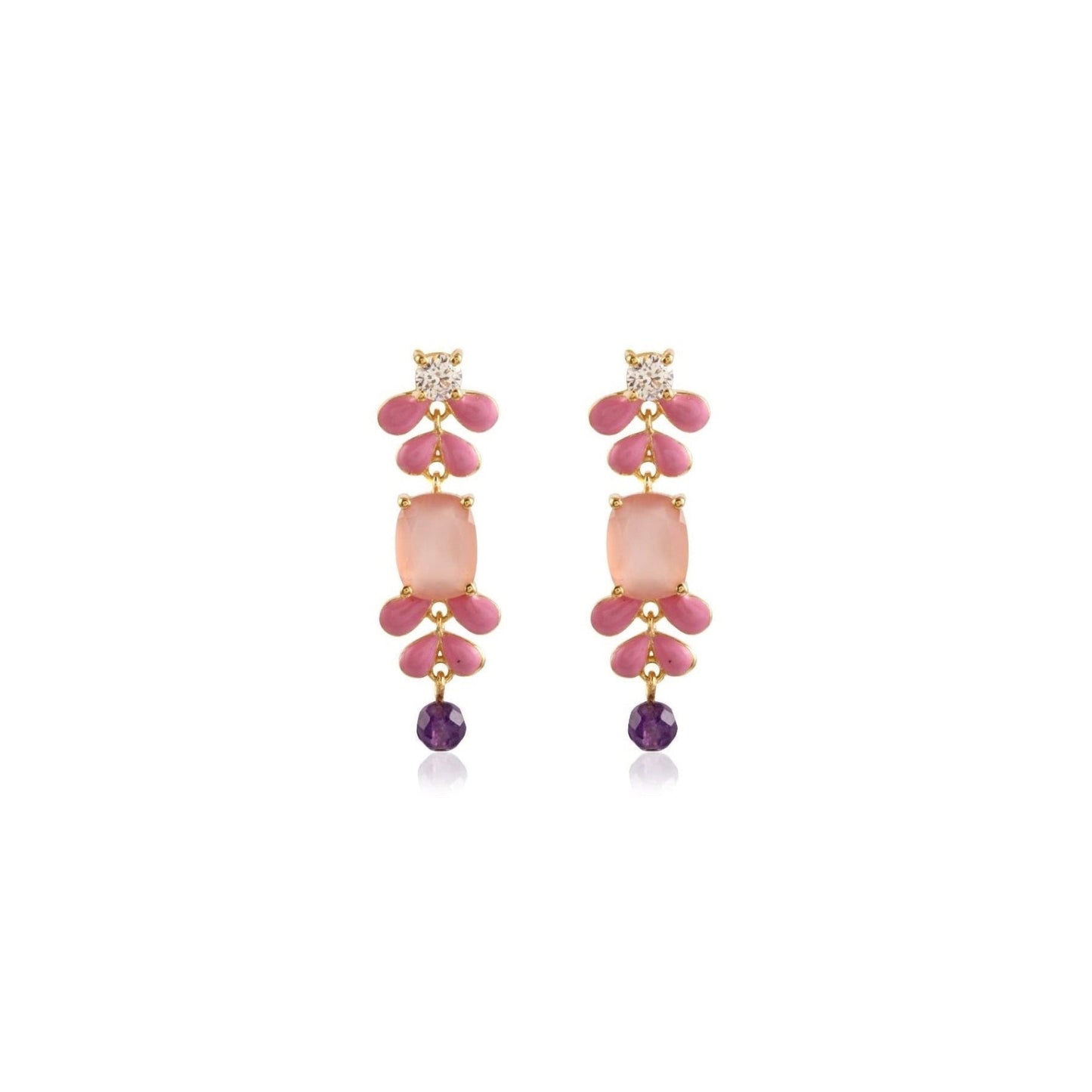 Long gemstone earrings with enameled pink petals, with pink chalcedony center stone and amethyst facetted bead, front view on white background