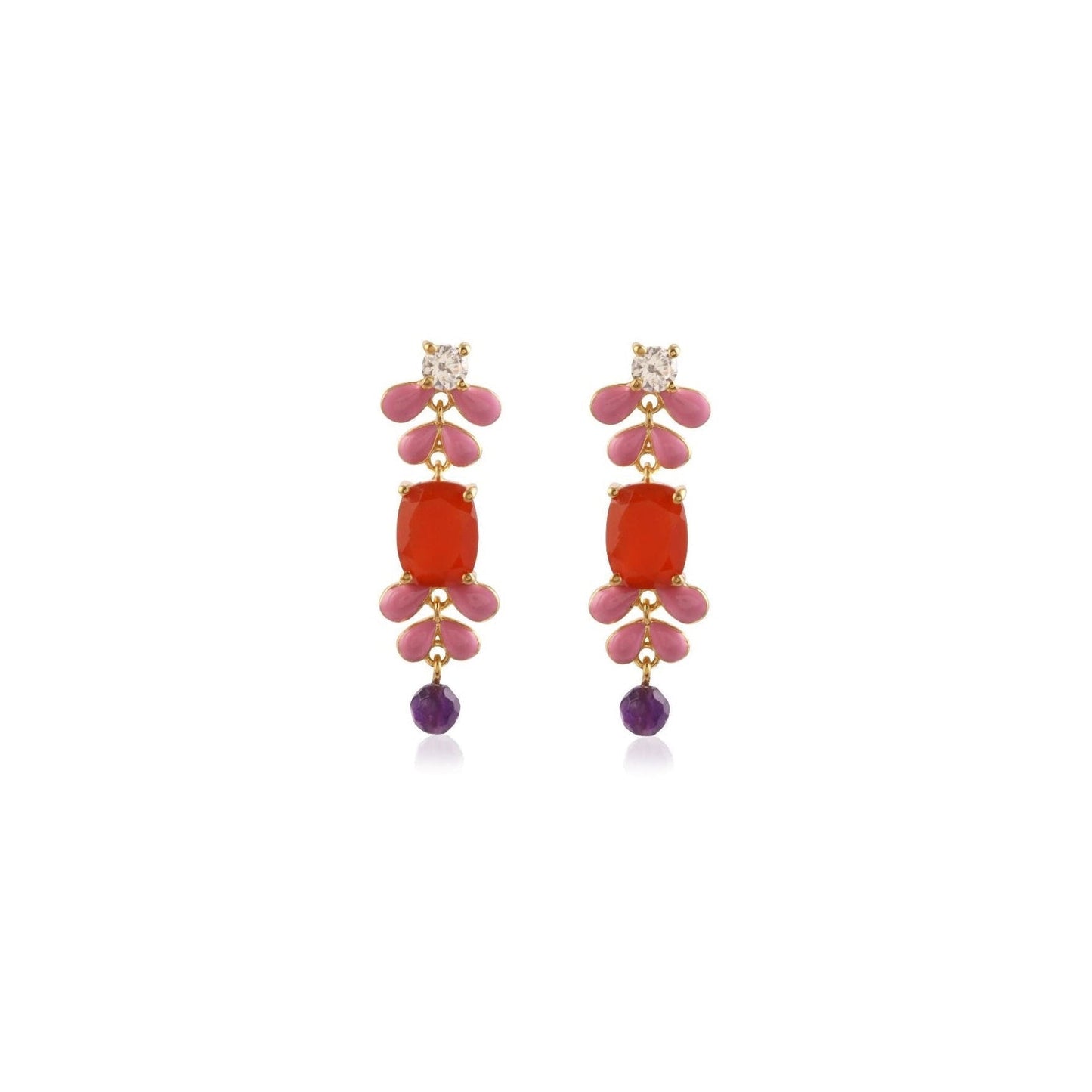 Long gemstone earrings with enameled light pink petals, with red onyx center stone and amethyst bead, front view on white background